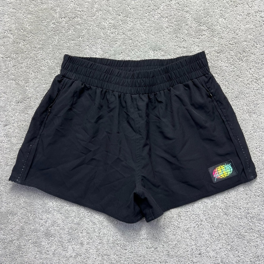 Slunks Athletic Shorts Womens Medium Black Recycled Polyester Neon Globe Logo